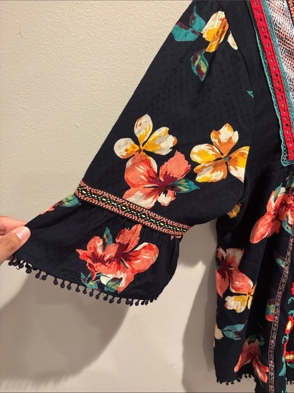 Anthropologie Black Embroidered Floral Square-Neck Blouse - Picture 2 of 8
